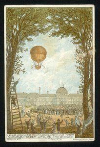 Jacques Charles en Marie-Noel Robert maken de eerste opstijging in een waterstofballon, Parijs, 1 december 1783 door French School
