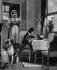 James Watt (1736-1819), als kind, ontdekt de wetten van stoom. door French School