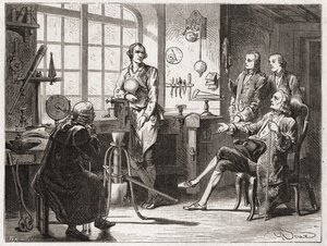 James Watt (uitvinder van de stoommachine in 1769) in zijn winkel in Glasgow - in 