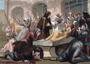 Jansenisme: de convulsionairen (Jansenistische fanatici) van de begraafplaats Saint Medard onder Lodewijk XV. Chromolithografie rond 1890