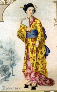 Japanse vrouw. Serie van 25 reclamechromos voor de Dijon fabriek van Biscuits Pernot, eind 19e eeuw. Detail van de personages in traditionele klederdracht door French School