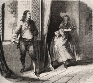 Jean Baptiste (Jean-Baptiste) Poquelin, genaamd Moliere (1622-1673) stelde voor aan de comédienne Mademoiselle de Brie (Catherine Leclerc du Rose) door French School
