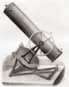 Spiegeltelescoop van Jean Bernard Léon Foucault op een equatoriale montering, naar een 19e-eeuwse tekening, uit Les Merveilles de la Science, gepubliceerd ca. 1870 (gravure) door French School