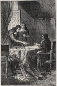Jean Chapelain (1595-1674) Franse dichter en literair criticus en Pierre Costar (1603-1660) gaven Jean Baptiste Colbert (1619-1683) een lijst van schrijvers die een pensioen van de koning verdienen - gravure in 