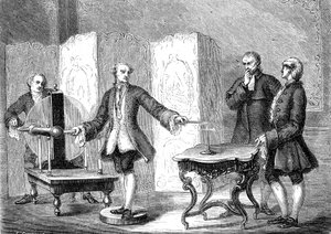 Jean JALLABERT (1712-1768), Zwitserse natuurkundige, ontdekt elektriciteit op scherpe voorwerpen (Kracht van de Punt door FRANKLIN). gravure 1867
