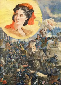 Jeanne Laisne (1456-?), bekend als Jeanne Fourquet, bijgenaamd Jeanne Hachette Franse heldin - Jeanne Hachette bij het Beleg van Beauvais 1472 - Illustratie voor Le Petit Journal, 8 januari 1894