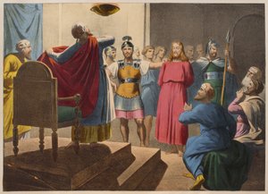 Jezus Christus voor Kajafas, illustratie uit een catechismus L