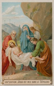 Jezus wordt in het graf gelegd. De veertiende statie van de kruisweg