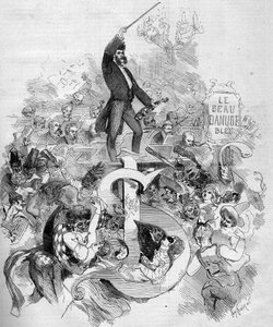 Johann Strauss de jonge (1825-1899), met de viool, tijdens een gemaskerd bal in de Opera van Parijs