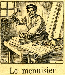 Timmerman die een spijker met een hamer in een montage van planken op zijn werkbank slaat. Gravure van een syllabarium (leesboek) rond 1920.