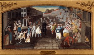 Grappen uit de straten van Parijs: De Rue Saint-Antoine. - Les farces des rues de Paris: la rue du faubourg Saint Antoine a Paris Passanten, volwassenen en kinderen, vermaken zich en vechten. Op de achtergrond zien we de Bastille gevangenis. Schilderij (vo door French School