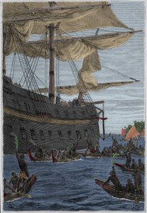 Reis van Samuel Wallis (1728-1795) naar Polynesië: inheemse mensen met bananentakken in de hand als welkomstgroet - illustratie uit 