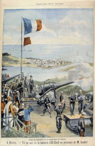 Reis van de president van de republiek naar Tunesië: naar Bizerte, schieten op zee vanaf de batterij van El-Ench in aanwezigheid van de heer Loubet - in "Le Peute Parisien" van 03/05/1903 door French School