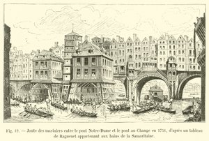 Roeiwedstrijd van de schippers tussen de Pont Notre-Dame en de Pont au Change in 1751, naar een schilderij van Raguenet behorend tot de baden van de Samaritaine