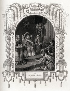 Jubileum in Rome in 1450, tijdens het pontificaat van Nicolaas V (1447-1455). Gravure ter illustratie van Geschiedenis van de pausen door Maurice Lachatre (1814-1900), librairie du progres, Parijs. door French School