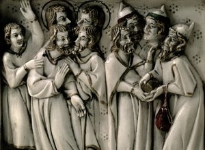 Judas ontvangt dertig zilverstukken, detail van ivoren diptiek, Frans