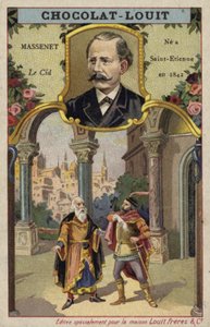 Jules Massenet, Frans componist, en een scène uit zijn opera Le Cid (chromolitho)