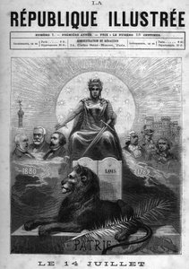 14 juli: Allegorie van de Franse Republiek. Een vrouw gekroond met laurier en met een zwaard in de hand. Aan haar voeten een leeuw, een palm en de tafel van de wetten. Boven haar het motto van de Republiek 