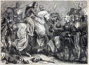 Koning Alfons V de Grootmoedige (v. 1396-1458), koning van Aragon, verovert het koninkrijk Napels. Gravure in 