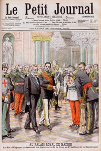 Koning Alfonso XIII van Spanje stelt zijn hof voor aan president Emile Loubet van Frankrijk in het Koninklijk Paleis in Madrid. In het Koninklijk Paleis van Madrid. De koning van Spanje Alfonso XIII stelt de hoogwaardigheidsbekleders van het hof voor aan d door French School