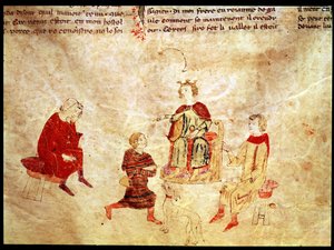 Koning Arthur op zijn troon omringd door zijn adviseurs, uit de Roman de Meliadus door French School