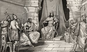 Koning Charibert (521-67) in raad met magistraten, uit 