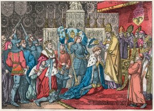 Koning Karel VII (1403-1461) ontvangt de kroon in de Kathedraal van Reims op 17/07/1429 in aanwezigheid van Jeanne d