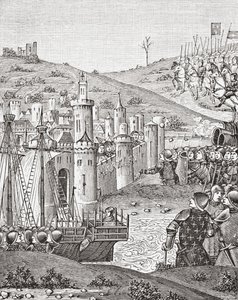 Koning Karel VII, bij het verlaten van Rouen, vertrekt om de stad Harfleur te belegeren, naar een miniatuur uit het 15e-eeuwse manuscript Chroniques de Monstrelet, uit Wetenschap en Literatuur in de Middeleeuwen door Paul Lacroix, gepubliceerd in Londen 18 door French School