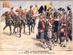 Koning Edward VII inspecteert Highland-troepen in Engeland door French School