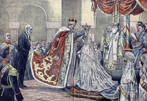 Koning Ferdinand I van Roemenië kroont zijn koningin door French School