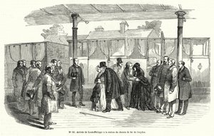 Koning Louis-Philippe van Frankrijk arriveert op het station van Croydon na gedwongen ballingschap, februari 1848 (gravure) door French School