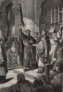 Koning Lodewijk VII (1120-1180) neemt de oriflamme in de Basiliek van Saint Denis (Saint Denis) in aanwezigheid van koningin Alienor van Aquitanië en ontvangt de hommel en pannetiere van de pelgrim uit de handen van paus Eugenius III (? -1153) voor zijn ve
