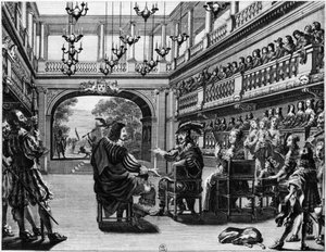 Koning Lodewijk XIII (1601-43) en koningin Anna van Oostenrijk (1601-66) bij de productie van Mirame in het Palais Cardinal, Parijs, 1641 door French School