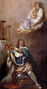 Koning Lodewijk XIII biedt zijn kroon aan de Maagd aan. Schilderij van de Franse School. 17e eeuw. Versailles. Kerk van Onze-Lieve-Vrouw van Versailles door French School