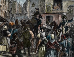 Koning Lodewijk XVI en zijn familie naar de Tempel gebracht (kleurgravure)