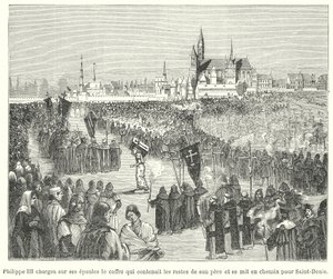 Koning Filips III van Frankrijk draagt de beenderen van zijn vader, Lodewijk IX, naar zijn begrafenis in de Basiliek van St. Denis, Parijs door French School
