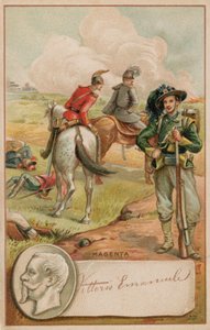 Koning Victor Emmanuel van Italië en het slagveld van Magenta door French School