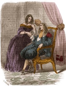 Koning van Frankrijk Lodewijk XIV (1638-1715) met Francoise Athenais door Rochechouart Mortemart, Markiezin van Montespan (of Madame de Montespan) (1640-1707). Gravure uit de 19e eeuw. door French School
