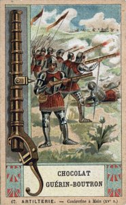 Ridder die een handkolf bedient uit de 15e eeuw. Chromolithografie uit de 19e eeuw van Guérin-Boutron chocolade. door French School