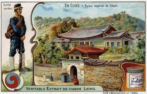 Korea: Keizerlijk paleis in Seoul en soldatenkostuum - Liébig chromo, ca. 1900 door French School