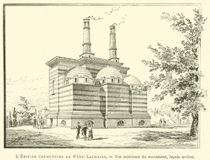 Het crematoriumgebouw van Père-Lachaise, Buitenaanzicht van het monument, achtergevel