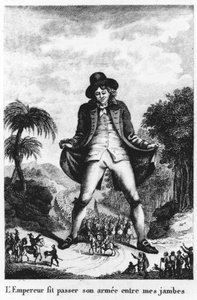 LEmpereur liet zijn leger tussen mijn benen door marcheren, uit een Franse vertaling van Gullivers Travels door French School