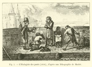 De etalagehouder van de bruggen, 1818, naar een lithografie van Marlet door French School