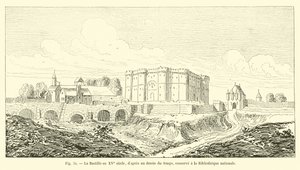 De Bastille in de 15e eeuw, naar een tekening uit die tijd, bewaard in de Nationale Bibliotheek door French School