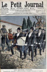 De Broederschap van de Barmhartigen van Sint Eloi van Béthune voert de simulatie van de begrafenis van terechtgestelden uit na de executie van de bende in Pollet, geguillotineerd op 11 januari (