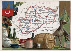 La Haute-Saone, Franche Comte, Frankrijk. Meel, Luxeuil Minerales, kirschwasser. Serie over de Franse departementen. Chromolithografie "de geografische draad", circa 1920. Privécollectie