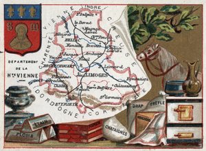 La Haute Vienne (Haute-Vienne, 87), Limousin, Frankrijk. Tin, lood, kastanjepapier, lakens, klaver en zakdoeken. Serie over de Franse departementen. Chromolithografie, circa 1920. Privécollectie.