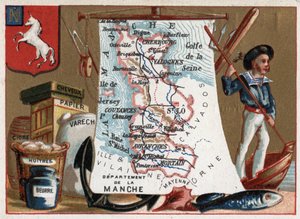 La Manche (50), Basse Normandië (Basse-Normandie), Frankrijk. Lokale specialiteit: perzik en oesters, cider en papier. Serie over de Franse departementen. Chromolithografie 