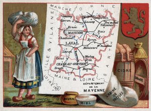 La Mayenne, Pays de la Loire, Frankrijk. Boer, boter, honing, klaverzaad, cider en brandewijn. Serie over de Franse departementen. Chromolithografie "de geografische draad", circa 1920. Privécollectie