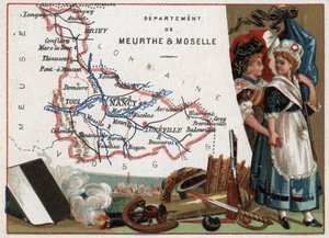 La Meurthe et Moselle (Meurthe-Et-Moselle, 54), Lorraine, Frankrijk. Portret van twee revolutionaire vrouwen. Serie over de Franse departementen. Chromolithografie 